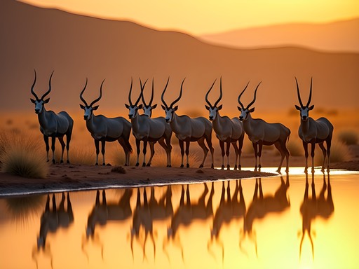 Gemsbok (oryx) gathering at a sparse waterhole in the winter Kalahari landscape