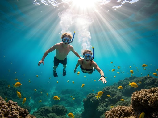 Couple snorkeling above vibrant coral formations in Kaneohe Bay