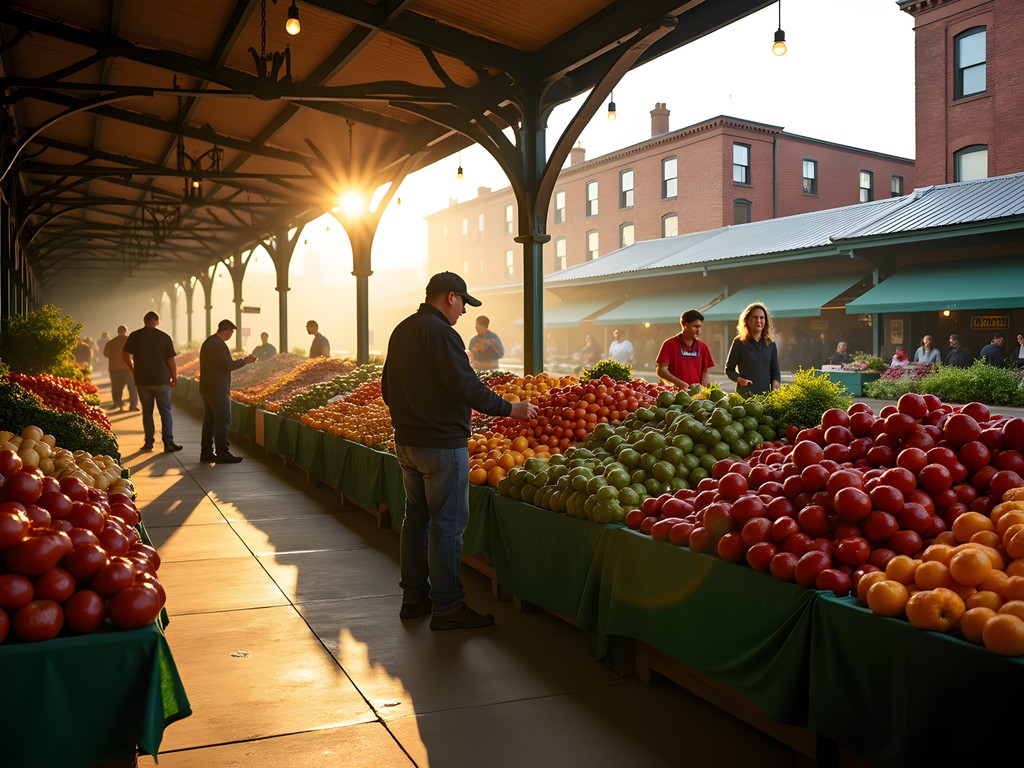 Early morning sunlight at Kansas City's historic City Market with farmers setting up produce stalls