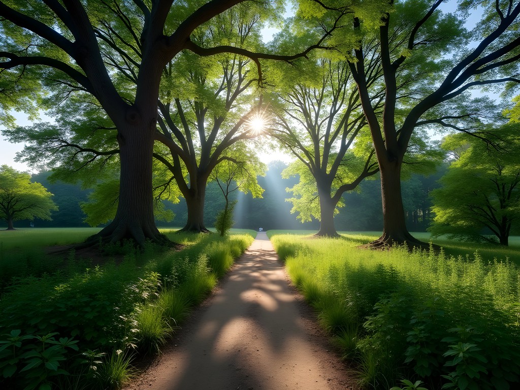Morning sunlight filtering through trees on hiking trails in Swope Park, Kansas City