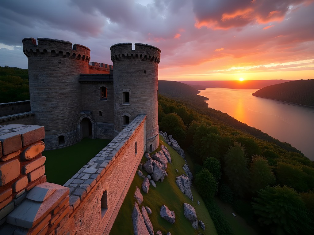 Sunset view of Ha Ha Tonka castle ruins overlooking Lake of the Ozarks