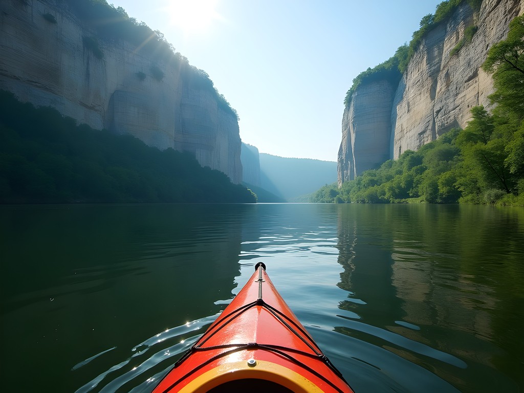 View from kayak on Missouri River with bluffs and forests lining the riverbank