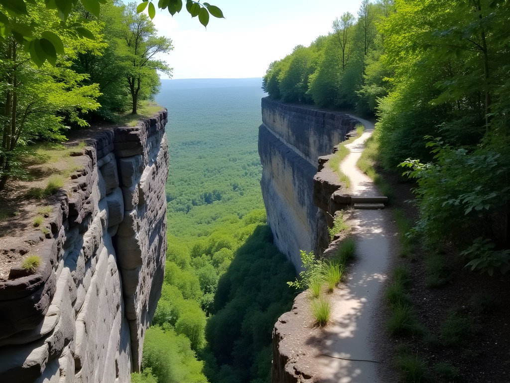 Hiking trail along Devil's Backbone ridge with views of forested valleys in Lake of the Ozarks region