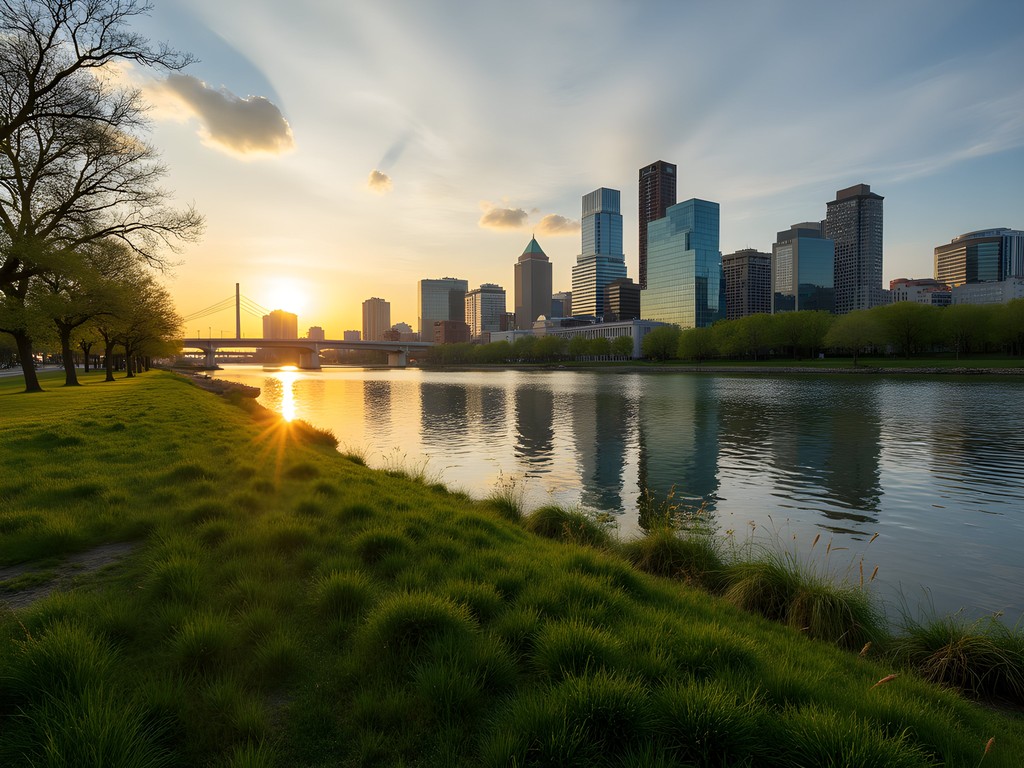 Kansas City skyline at sunrise from Berkley Riverfront Park