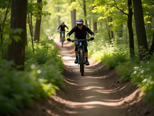 Mountain biking trails through the forested sections of Swope Park in spring