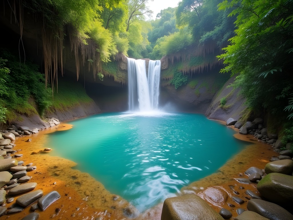 Heart-shaped natural pool at the base of El Salto de Baiguate waterfall in La Vega