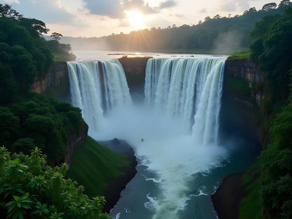 Salto de Jimenoa waterfall in La Vega with morning mist rising from the cascade