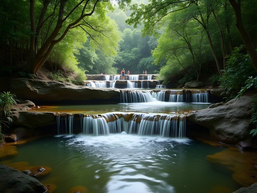 Multi-tiered El Salto de Jima waterfall with local Dominican families enjoying the natural pools