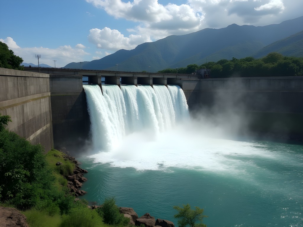 Powerful water release creating a waterfall at Presa de Tavera dam in La Vega