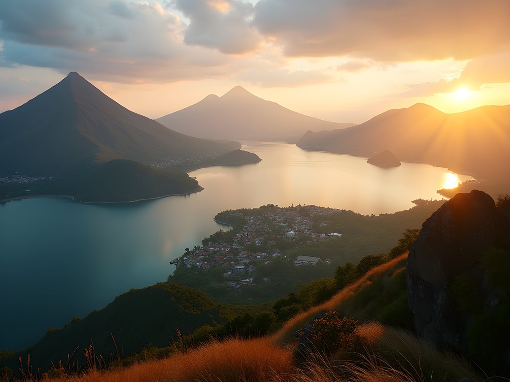Spectacular sunrise view from Indian Nose lookout over Lake Atitlan with three volcanoes visible