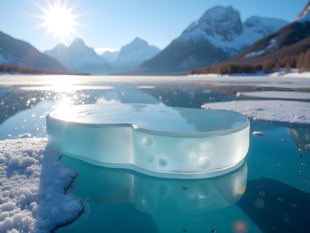Transparent ice with frozen methane bubbles on Lake Baikal in winter