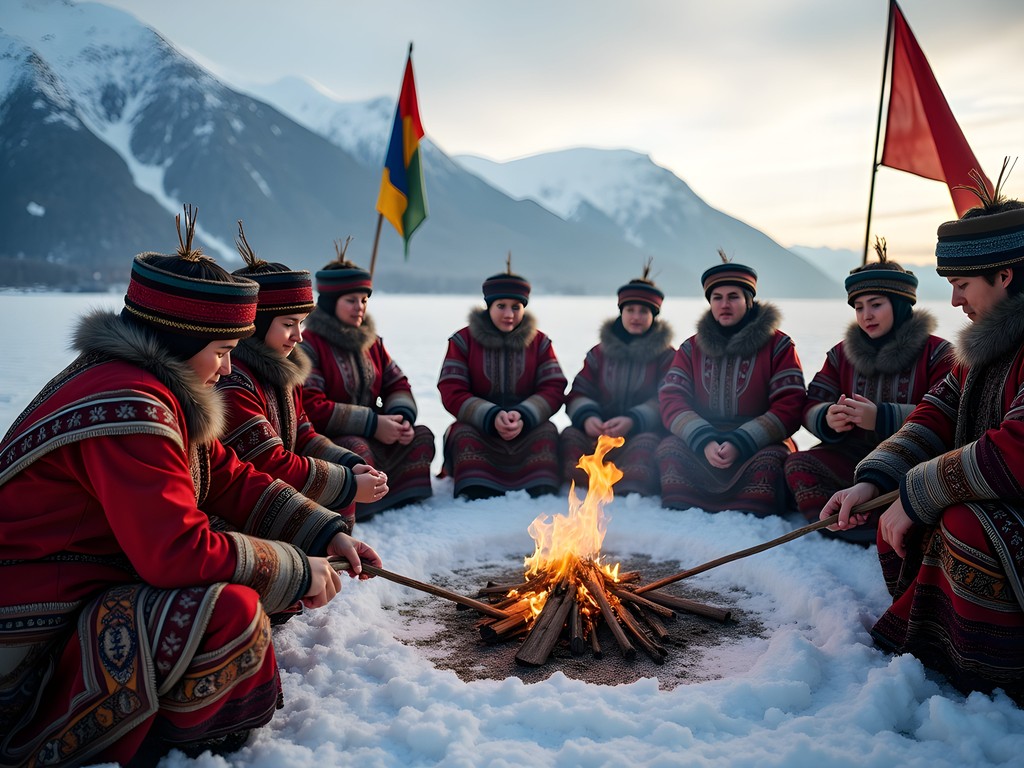Traditional Buryat ceremony with colorful costumes and shamanic elements near Lake Baikal