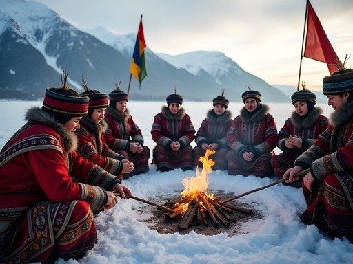Traditional Buryat ceremony with colorful costumes and shamanic elements near Lake Baikal