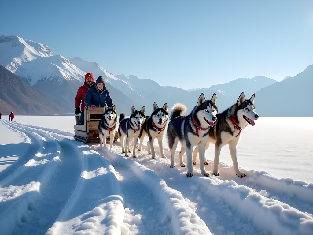 Family enjoying dog sledding across frozen Lake Baikal with Siberian huskies