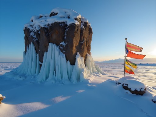 Shamanka Rock on Olkhon Island covered in winter ice with prayer flags
