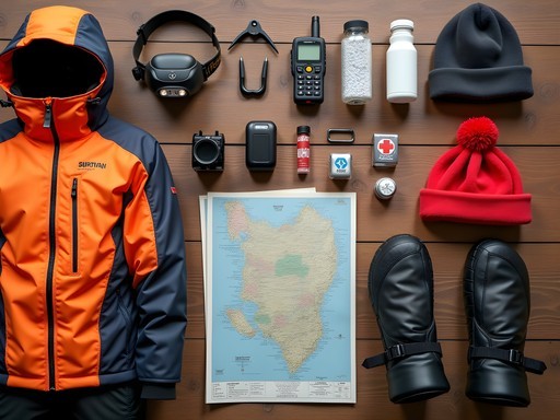 Essential winter safety gear for Lake Baikal exploration laid out for packing
