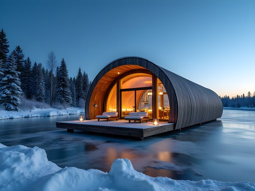 Luxury floating spa hotel Arctic Bath on frozen river in Swedish Lapland