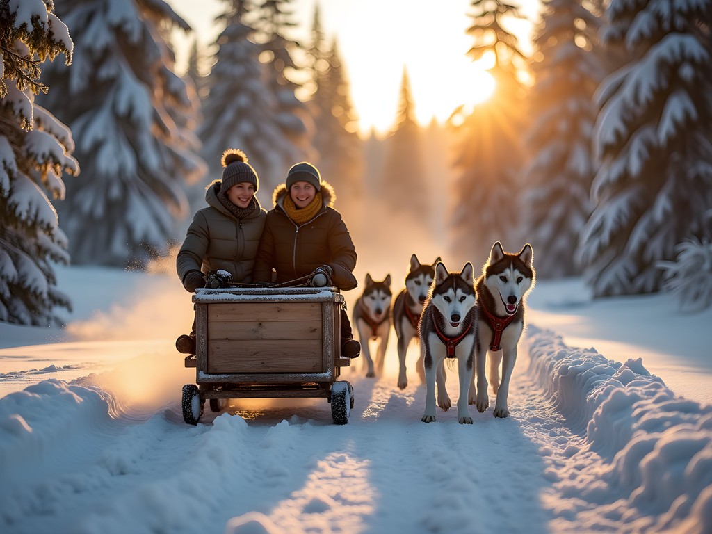 Couple enjoying private husky sled safari through snowy forest in Swedish Lapland