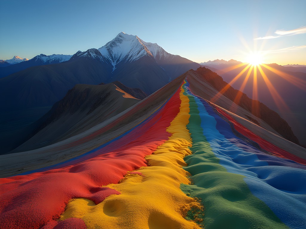Early morning light on Rainbow Mountain (Vinicunca) with vibrant mineral stripes and snow-capped Ausangate in background