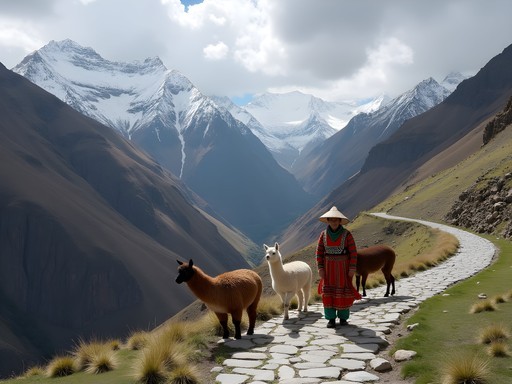 High mountain pass on the Lares Trek with snow-capped peaks and a local Quechua woman with alpacas