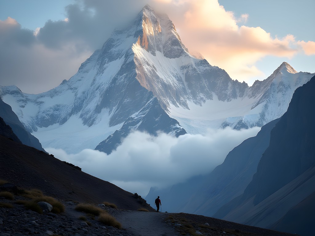 Dramatic view of snow-capped Salkantay mountain with a hiker silhouette on the high mountain pass