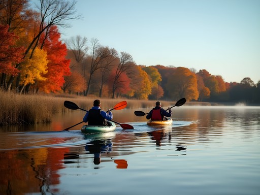 Kayakers on Holmes Lake surrounded by trees with fall colors in Lincoln Nebraska