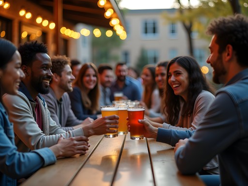 Friends enjoying craft beer at outdoor brewery patio in Lincoln Nebraska during fall