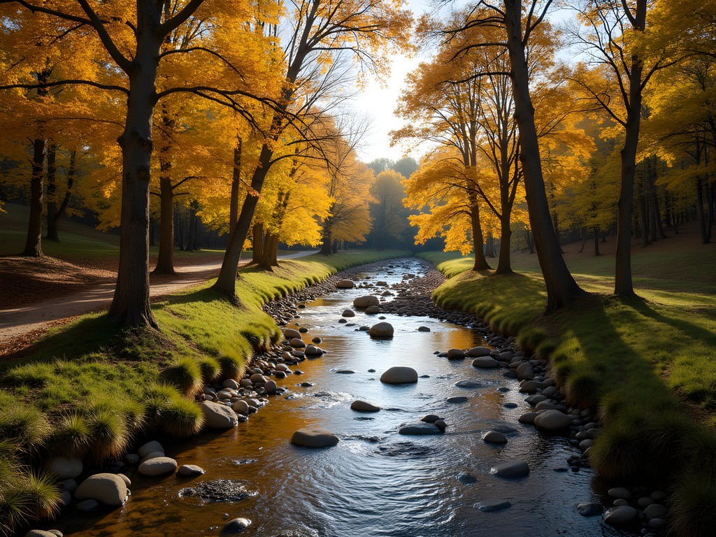 Golden cottonwood trees lining Salt Creek in Wilderness Park during autumn