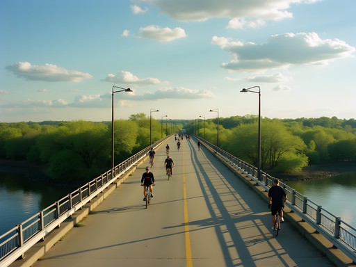 Cyclists crossing Big Dam Bridge over Arkansas River with spring foliage