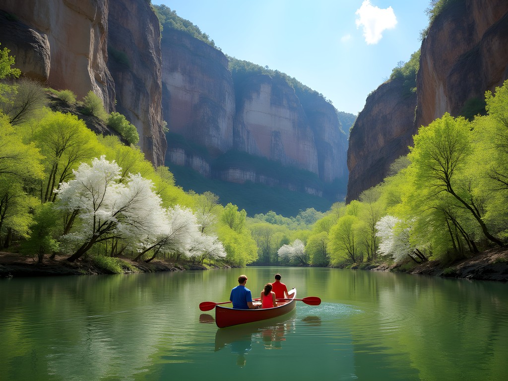Canoeists paddling Buffalo National River with towering limestone bluffs and spring foliage