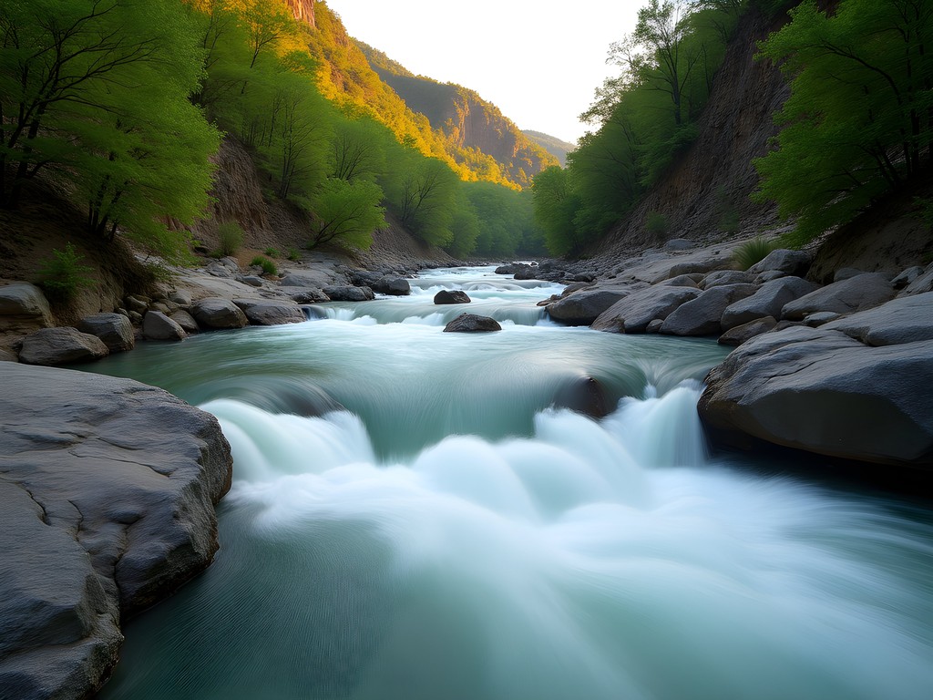 Whitewater rapids on Cossatot River flowing through rocky gorge in spring