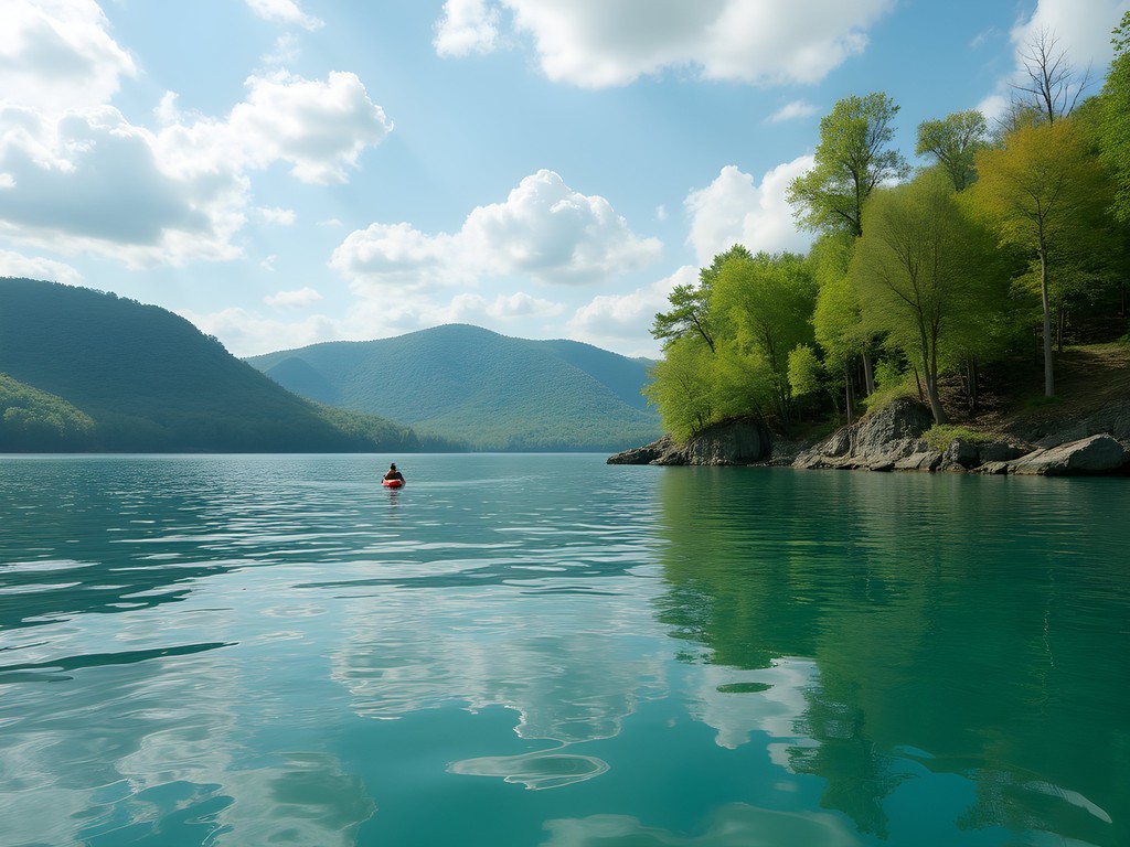 Kayaker on crystal-clear waters of Lake Ouachita with forested shoreline