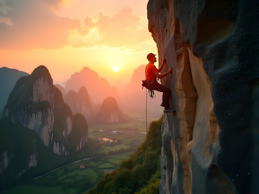 Rock climber scaling dramatic limestone karst formation in Yangshuo at sunset
