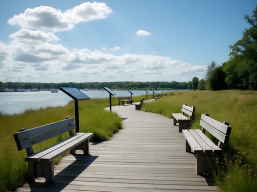 Wooden boardwalk along Lynn Harbor with benches and interpretive signs