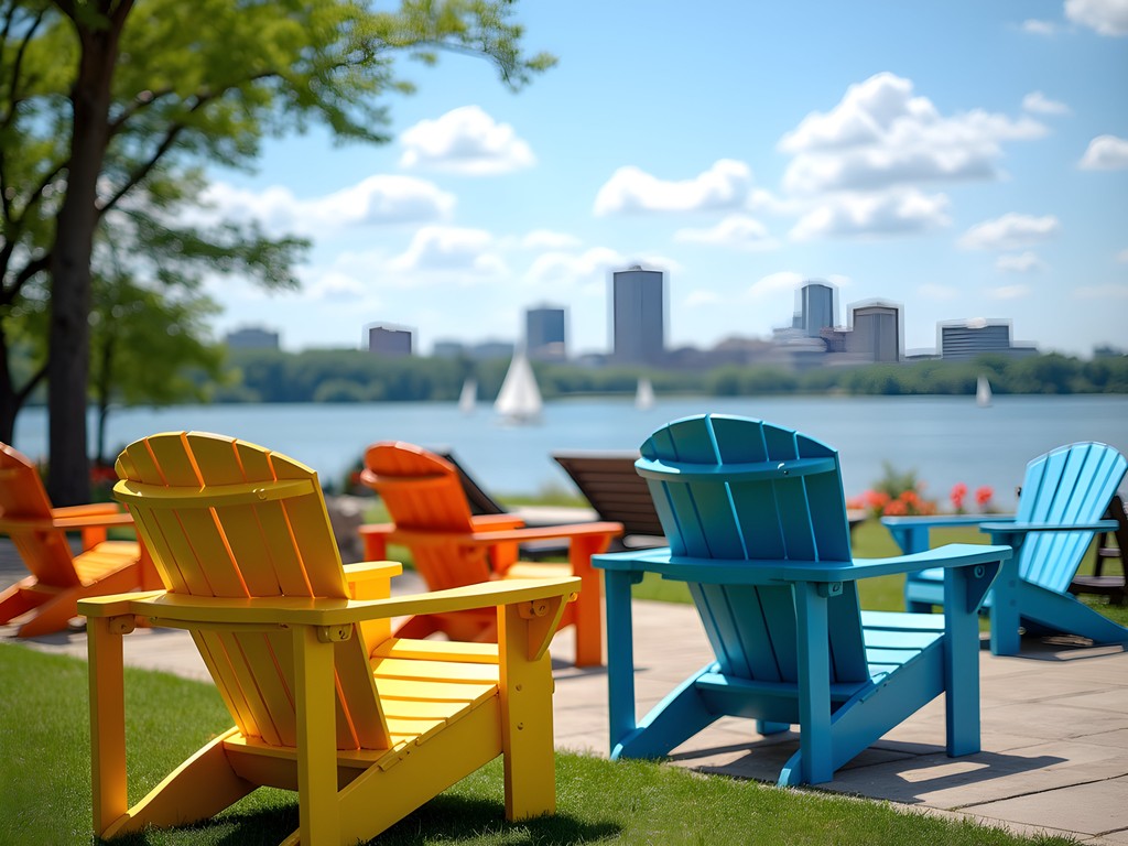 Colorful chairs at Memorial Union Terrace overlooking Lake Mendota in Madison