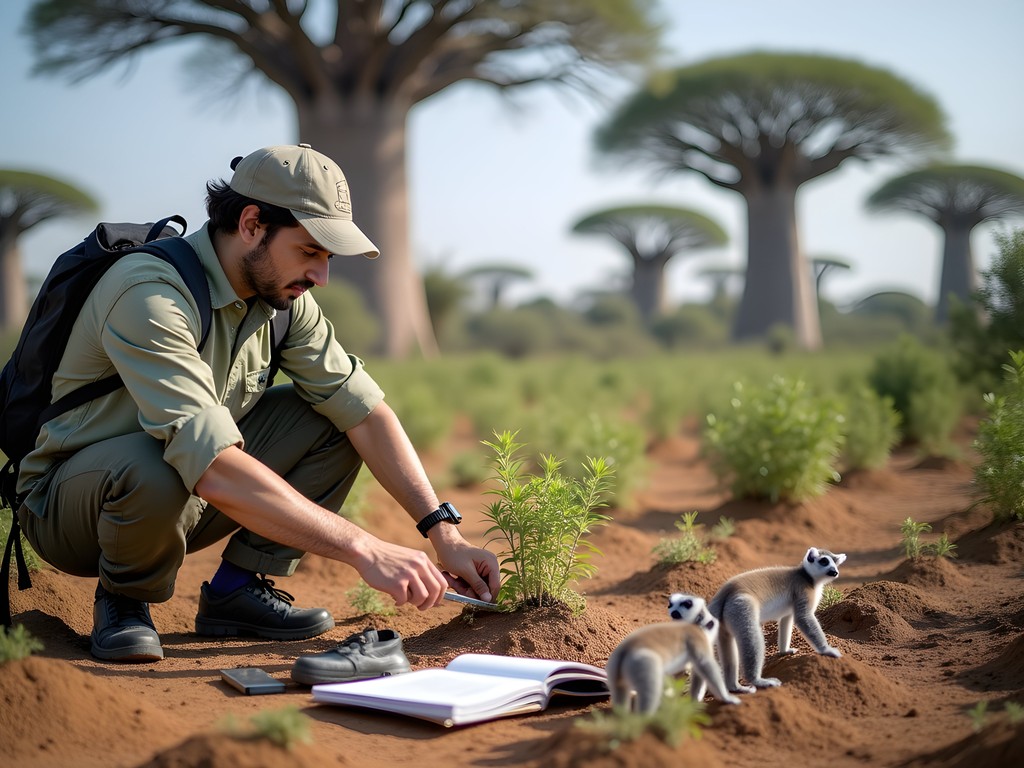 Conservation researchers monitoring baobab seedlings in Ankarafantsika National Park with scientific equipment
