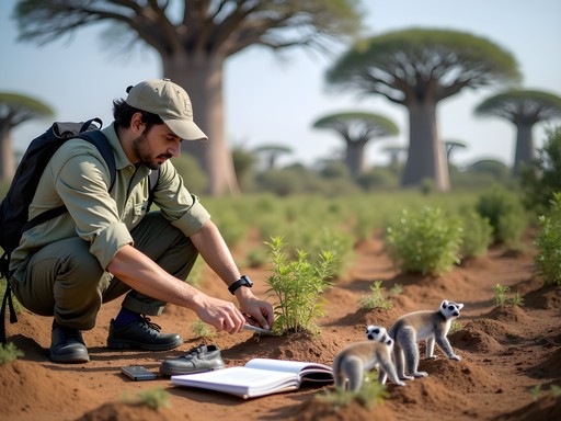 Conservation researchers monitoring baobab seedlings in Ankarafantsika National Park with scientific equipment