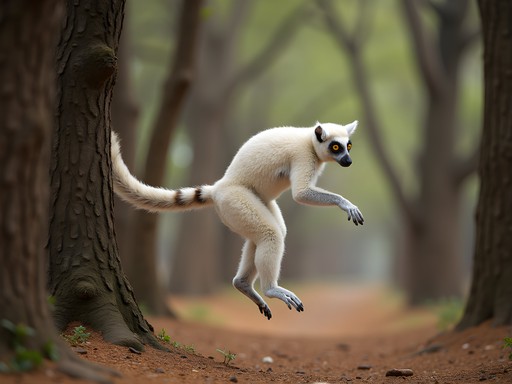 White Coquerel's sifaka lemur mid-leap between trees in Ankarafantsika National Park