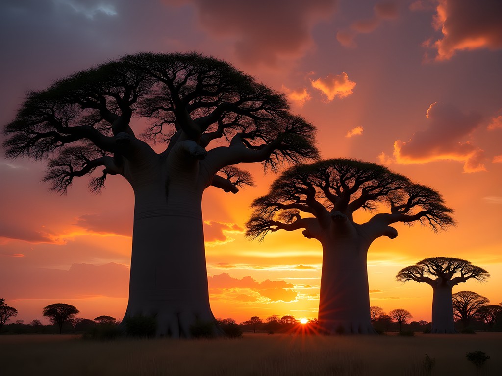 Silhouette of massive baobab trees against vibrant orange and purple sunset in Mahajanga, Madagascar