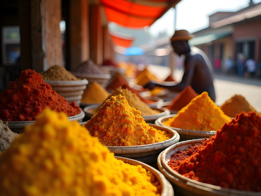 Colorful display of local spices at Mahajanga's Bazary Be market with vendor arranging products