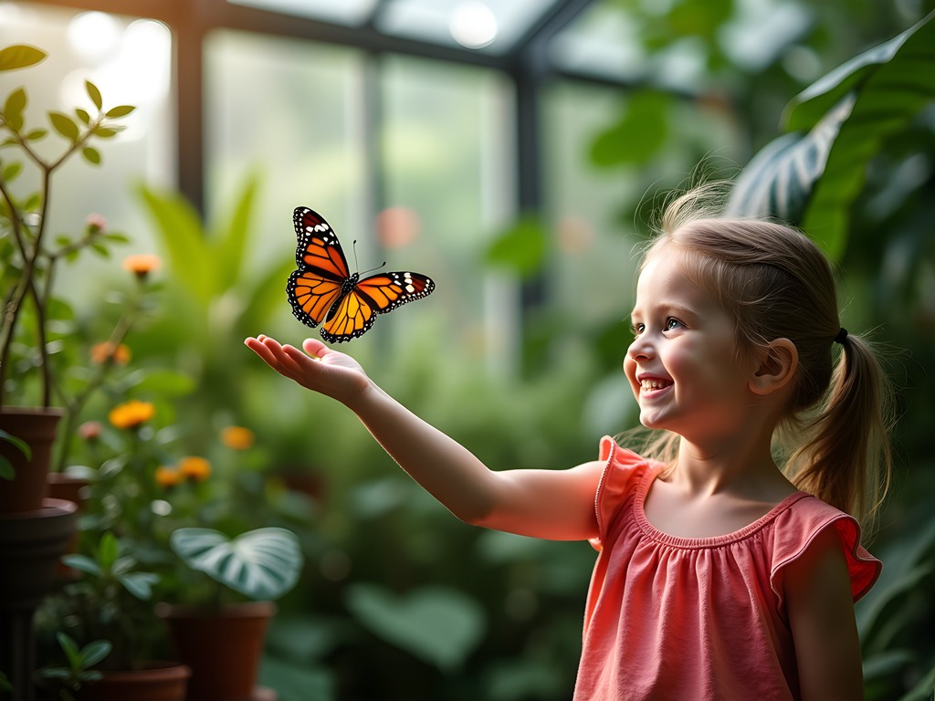 Child experiencing butterfly landing on hand at Fairchild Tropical Botanic Garden