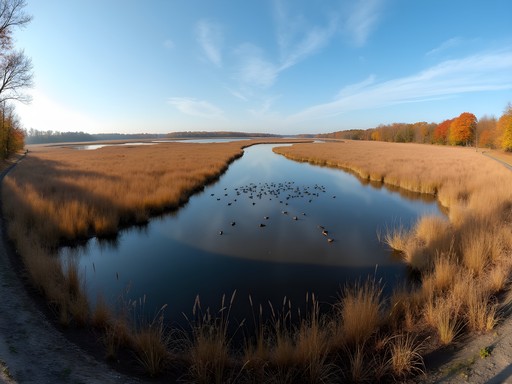 Expansive view of Augustine Wildlife Area wetlands with autumn colors and migratory birds