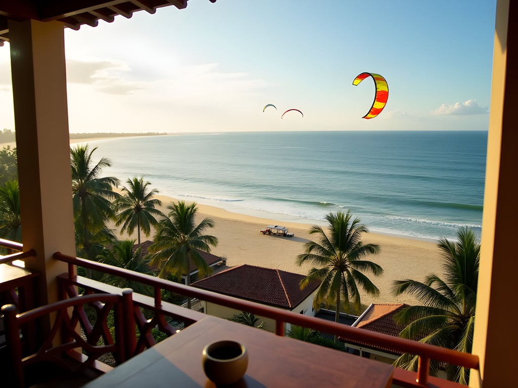 Beachfront accommodations in Mui Ne with kite surfers in background