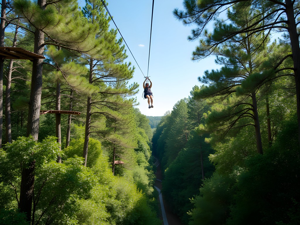 Family zip-lining through forest canopy at Radical Ropes Adventure Park in Myrtle Beach
