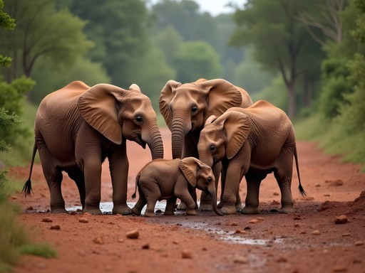 Orphaned baby elephants enjoying mud bath with keepers at David Sheldrick Wildlife Trust in Nairobi