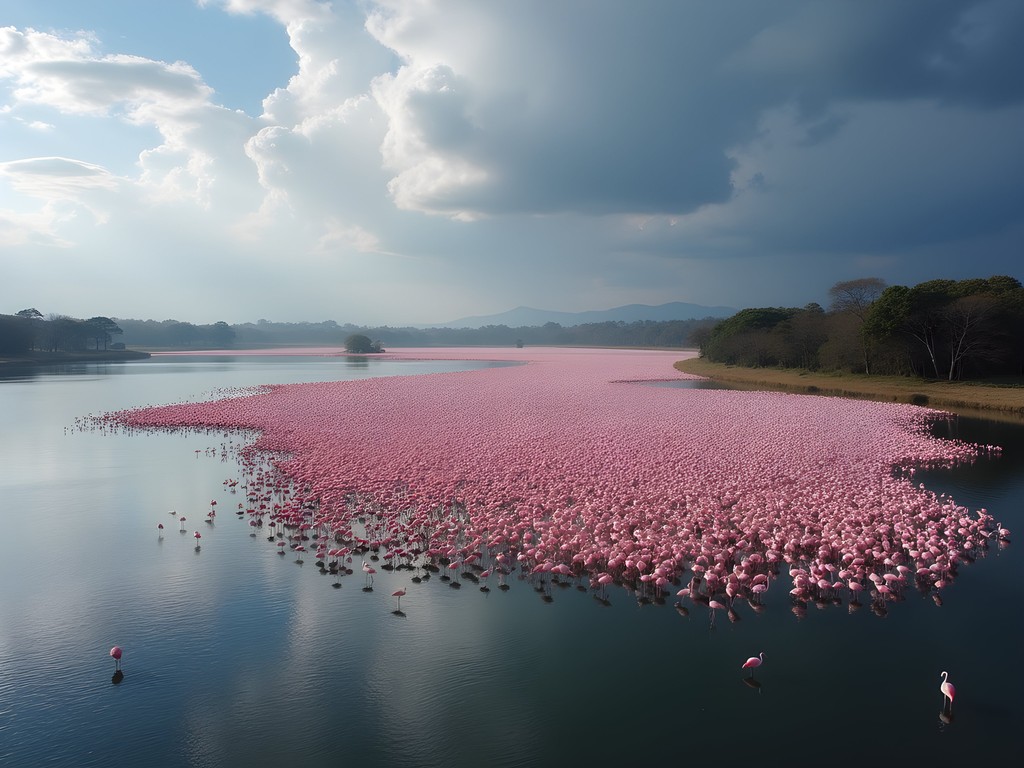 Thousands of pink flamingos creating a living carpet on Lake Nakuru with acacia trees in background
