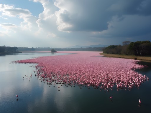Thousands of pink flamingos creating a living carpet on Lake Nakuru with acacia trees in background