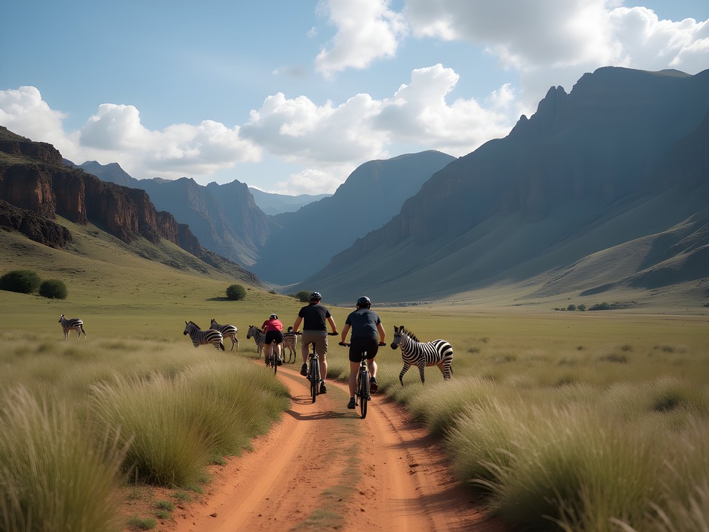 Visitor cycling through Hell's Gate National Park with zebras and volcanic formations in background