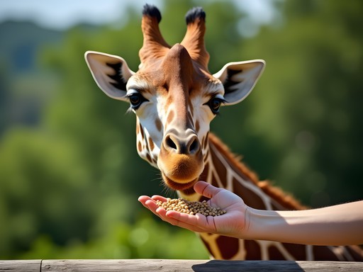 Close-up of visitor hand-feeding endangered Rothschild giraffe at Giraffe Centre in Nairobi