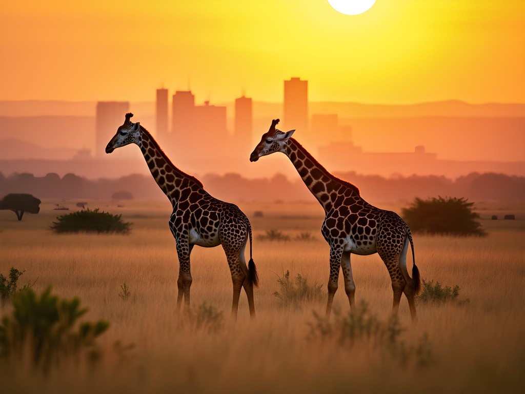 Giraffe silhouette against Nairobi skyline at sunset in Nairobi National Park